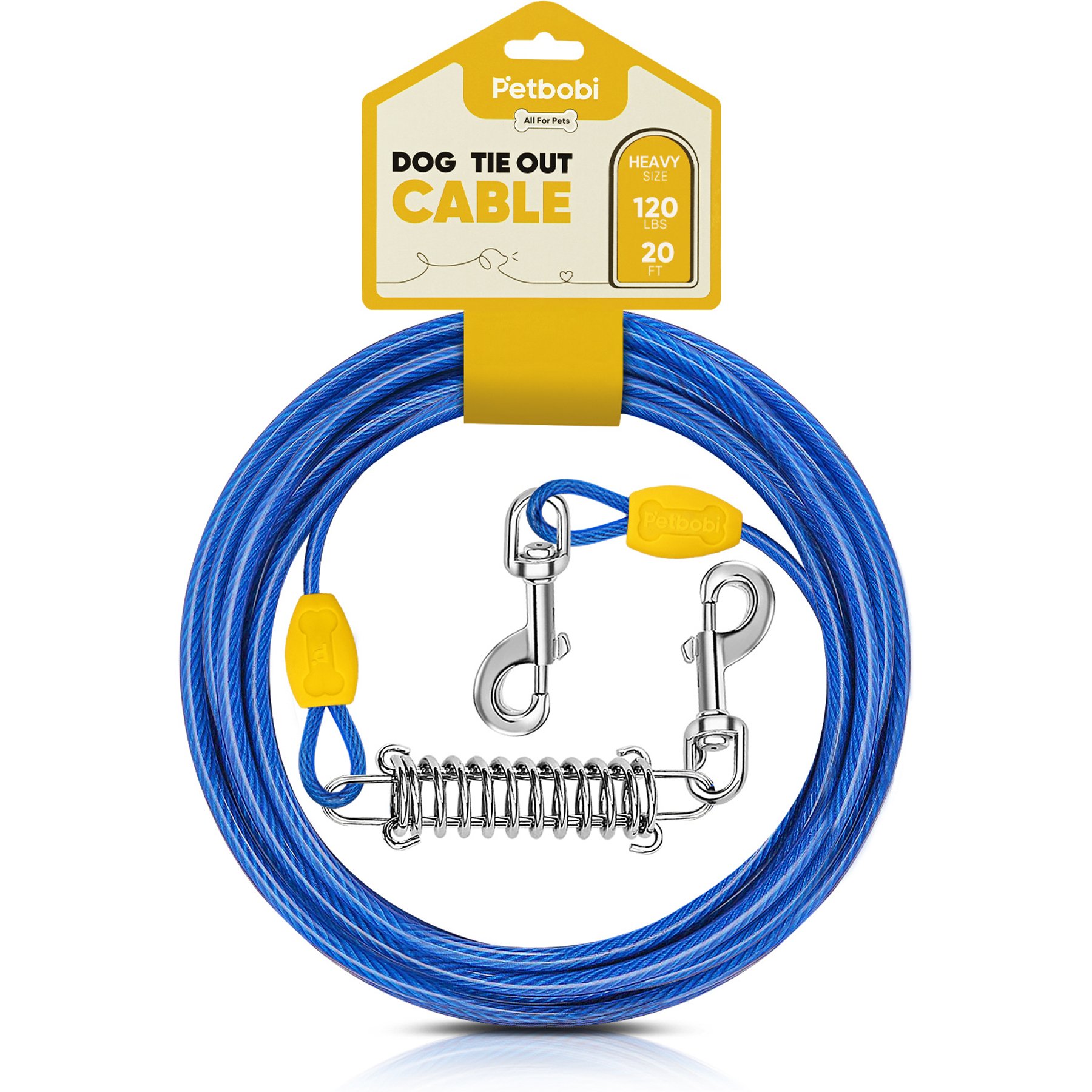 Petbobi PVC-Coated Steel Dog Tie-Out Cable with Shock Spring & 360° Swivel Clips, Blue, 20-ft