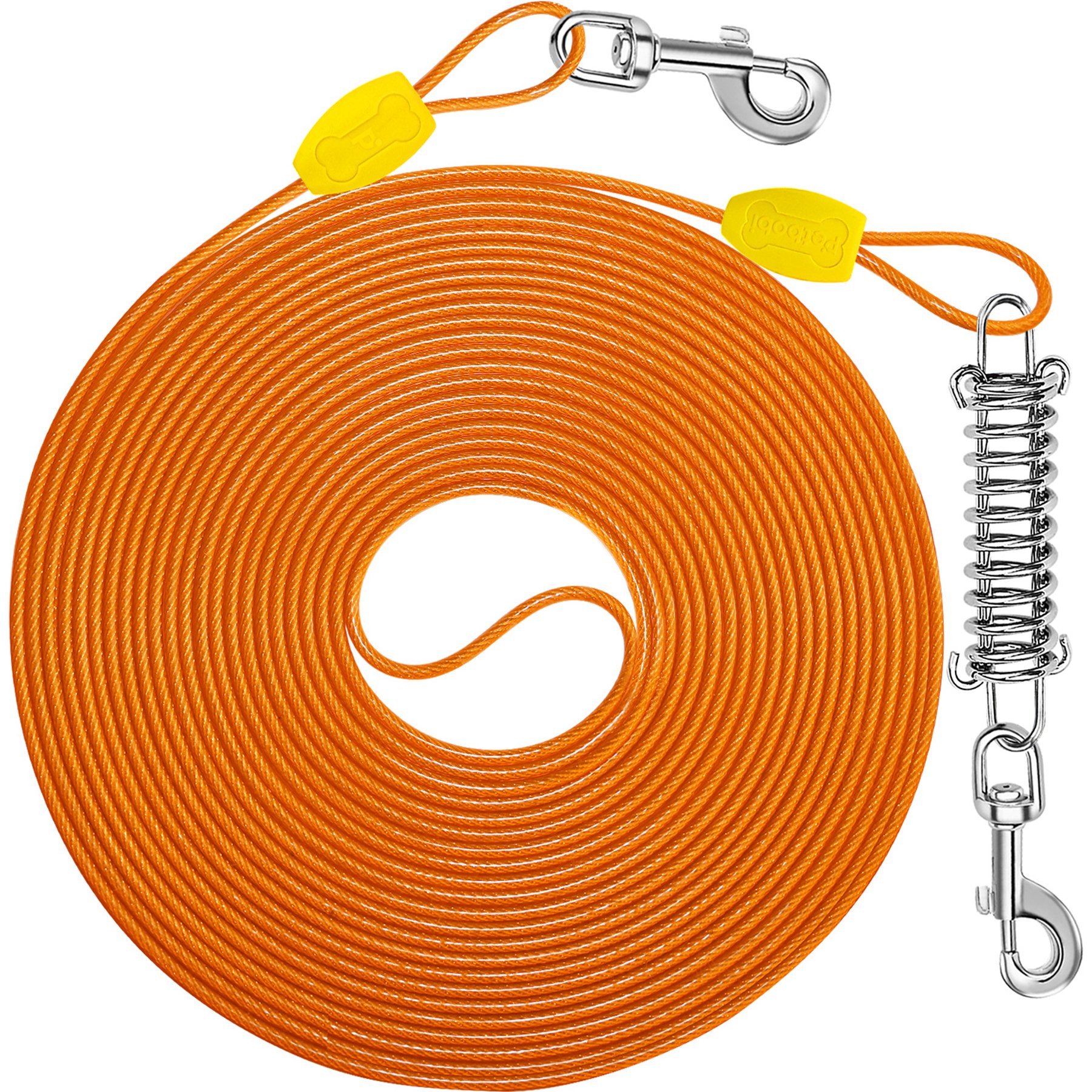 Petbobi PVC-Coated Steel Dog Tie-Out Cable with Shock Spring & 360° Swivel Clips, Orange, 20-ft