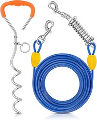 Petbobi Heavy-Duty 16-in Ground Stake Dog Tie-Out Cable with Spring, Blue, 40-ft