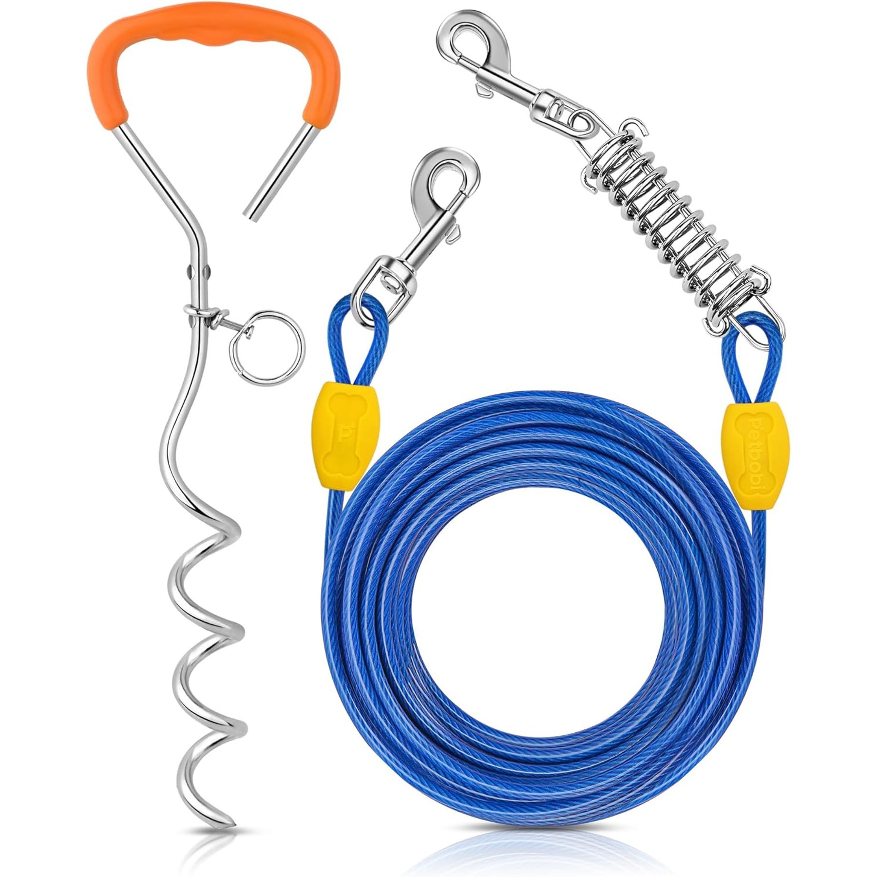 Petbobi Heavy-Duty 16-in Ground Stake Dog Tie-Out Cable with Spring, Blue, 30-ft