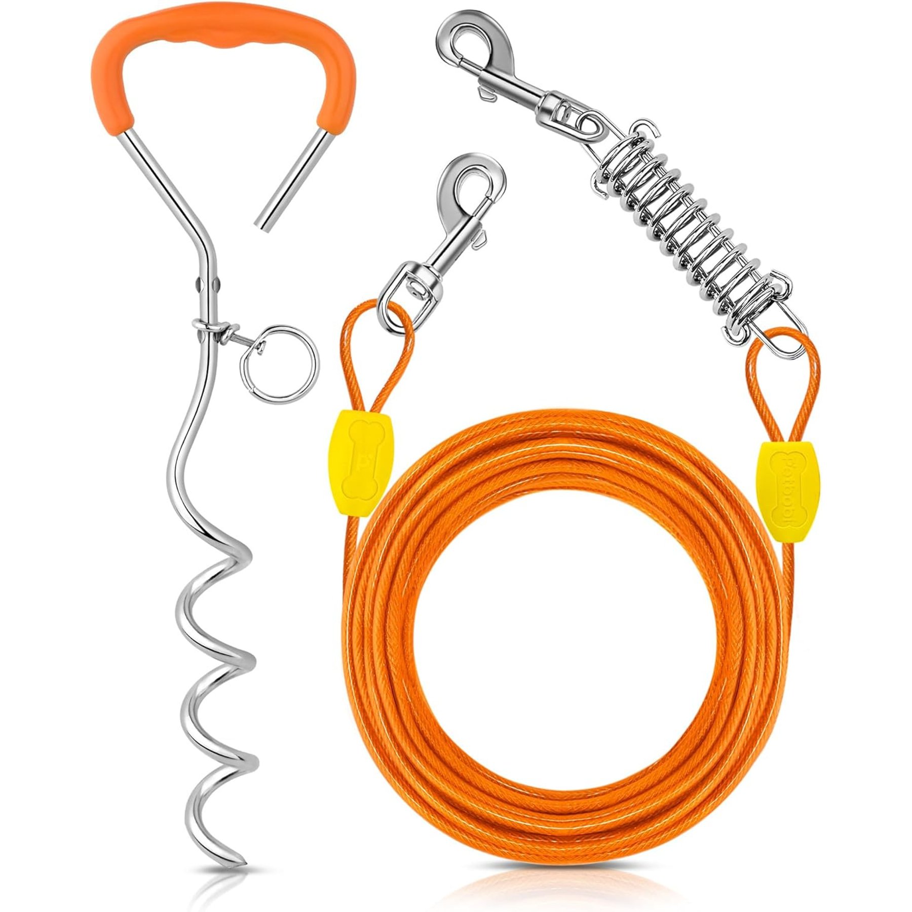 Petbobi Heavy-Duty 16-in Ground Stake Dog Tie-Out Cable with Spring, Orange, 30-ft