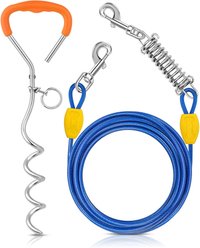 Petbobi Heavy-Duty 16-in Ground Stake Dog Tie-Out Cable with Spring, Blue, 10-ft