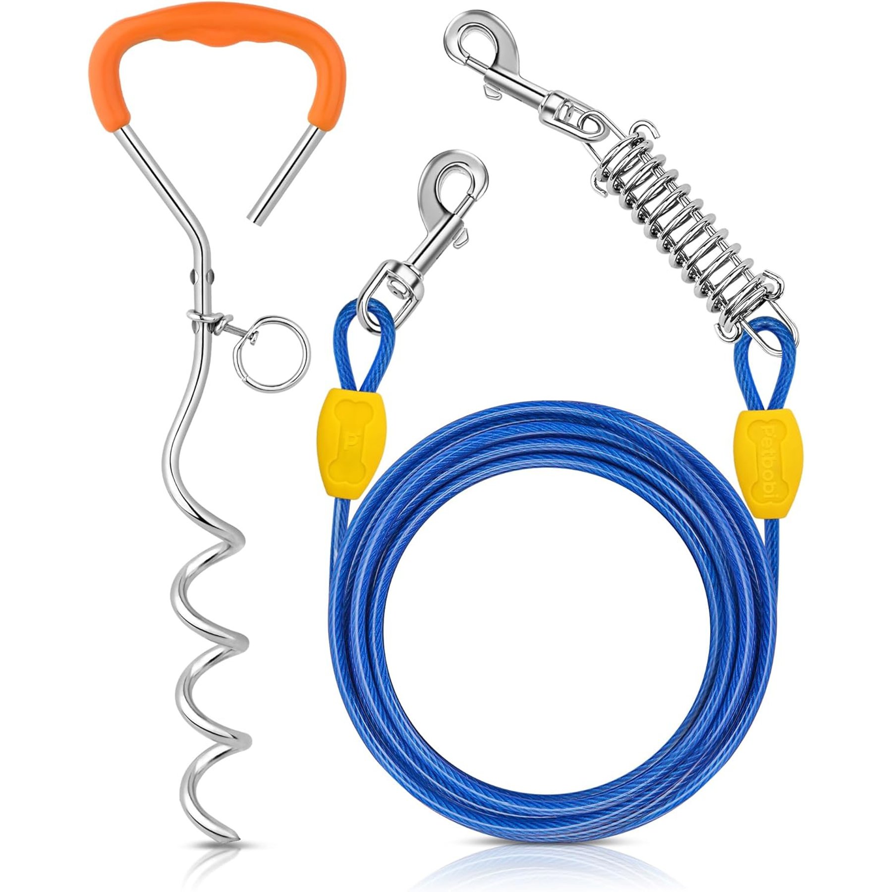 Petbobi Heavy-Duty 16-in Ground Stake Dog Tie-Out Cable with Spring, Blue, 10-ft