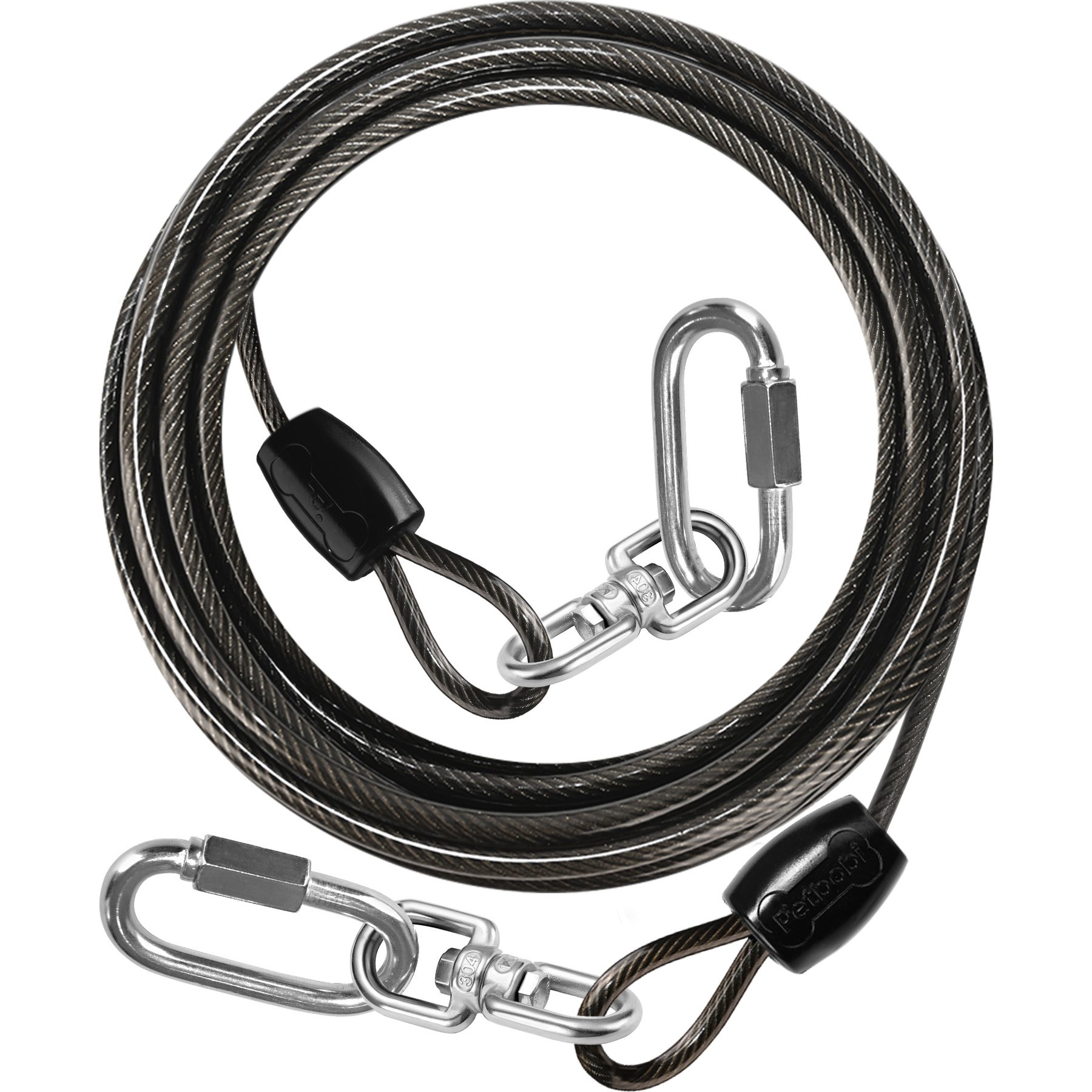 Petbobi Heavy-Duty Stainless Steel Dog Tie-Out Cable with Locking Carabiners & 360° Swivels, Black, 10-ft