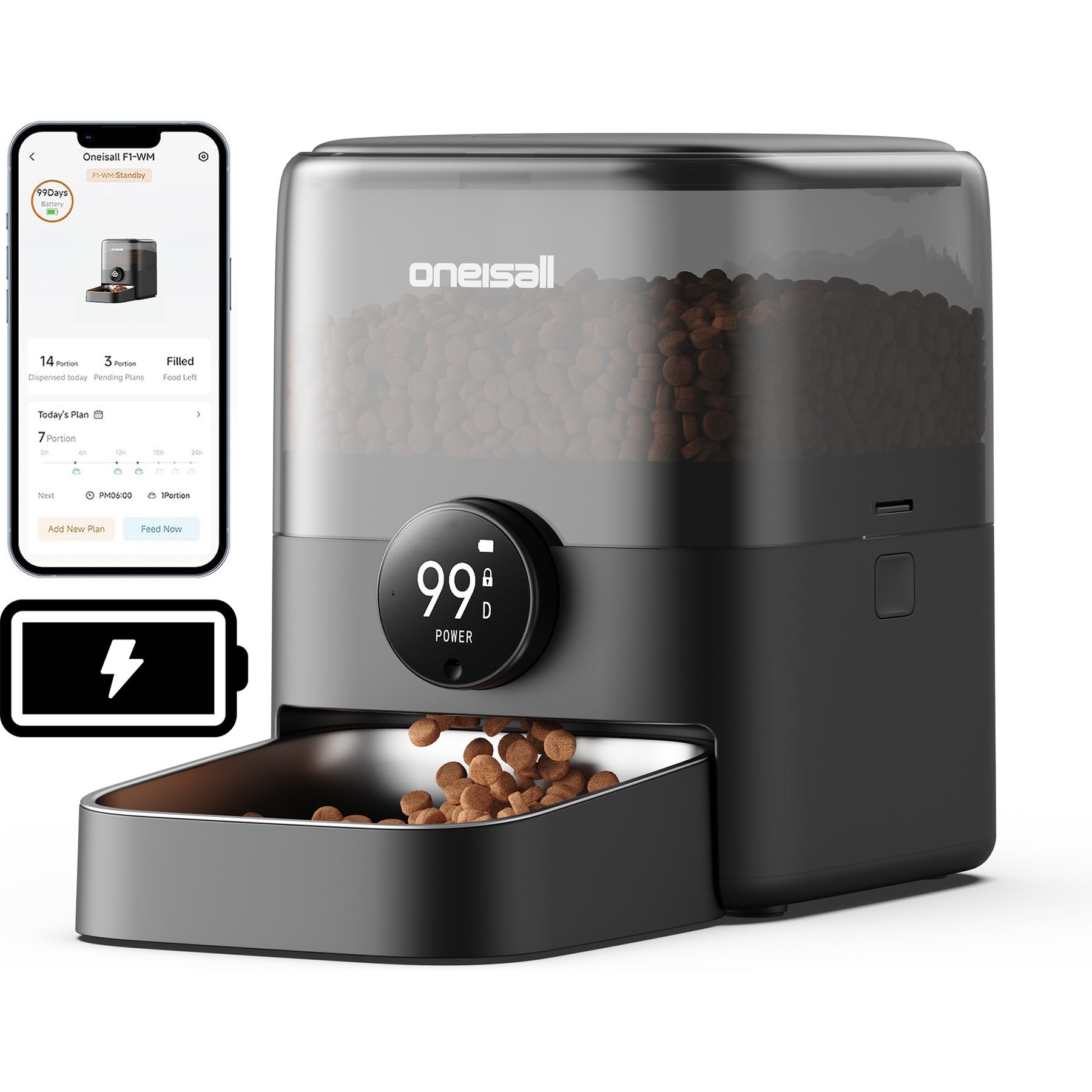 OneIsAll Cordless Wi-Fi Automatic Cat Feeder, 12 cups, Medium