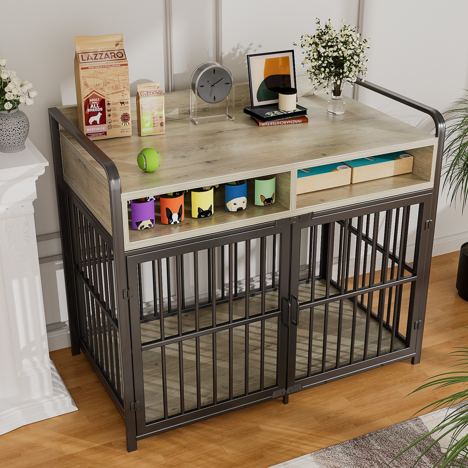 Saudism Indoor Heavy Duty Furniture Wood Cage Table Dog Crate with Drawers Storage, Gray, Large: 40.5 x 23.6 x 35.4-in