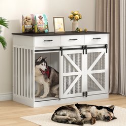 Saudism Furniture End Table Wooden Double Dog Crate with Divider, Storage Drawers, Sliding Barn Doors & TV Stand, Large: 48-in, White slide 2 of 8