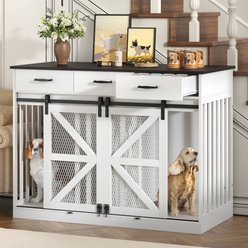 Saudism Furniture End Table Wooden Double Dog Crate with Divider, Storage Drawers, Sliding Barn Doors & TV Stand, Large: 48-in, White