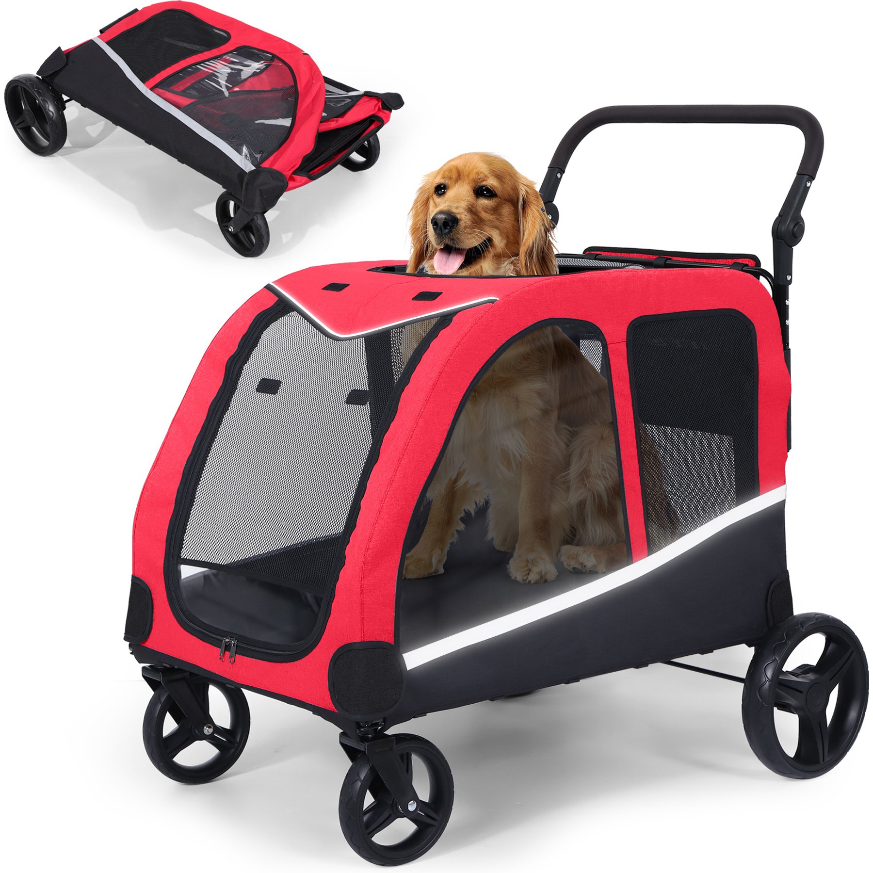 Saudism Foldable Design & Adjustable Handle Wagon Dog Stroller with Pocket, Large, Red