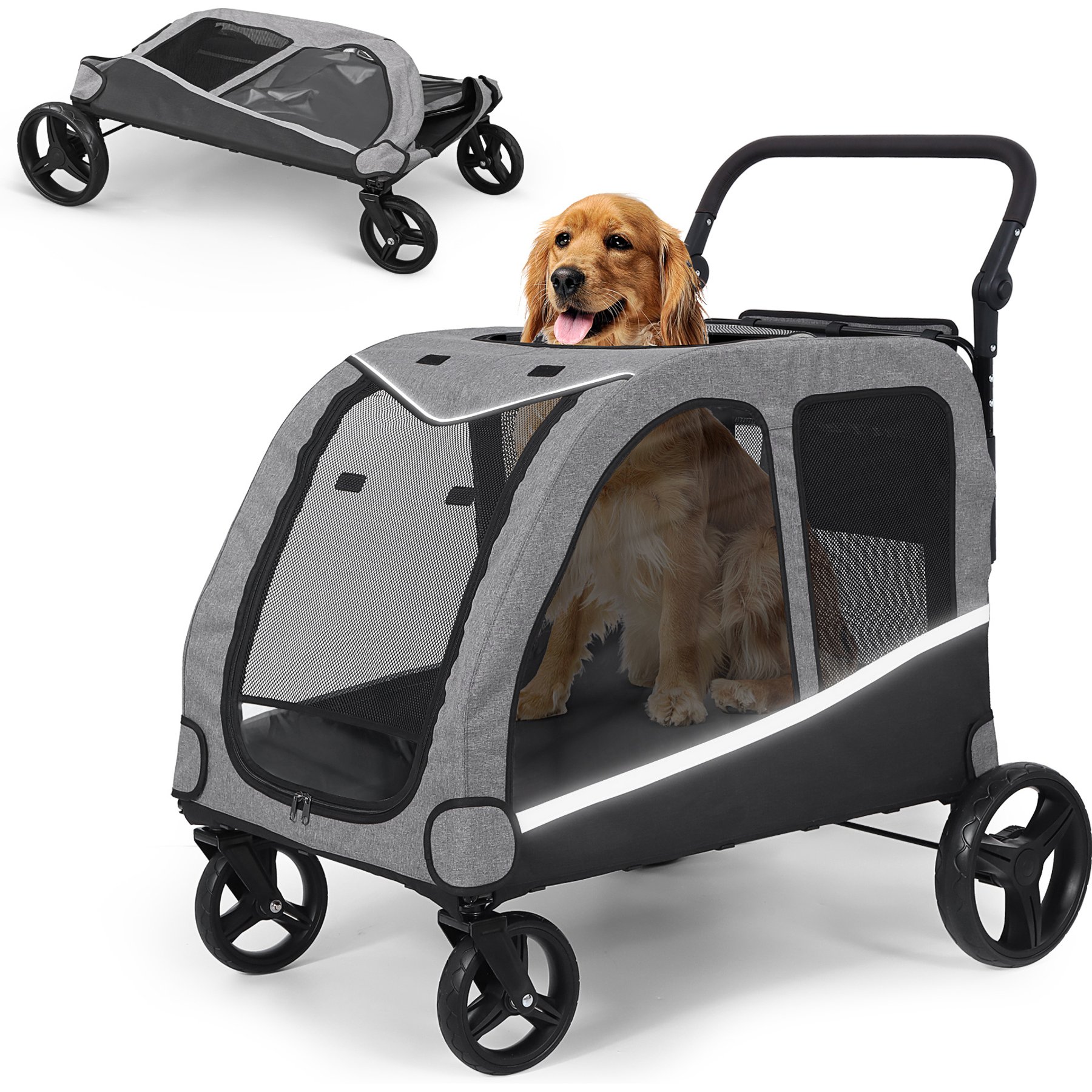 Saudism Foldable Design & Adjustable Handle Wagon Dog Stroller with Pocket, Large, Gray