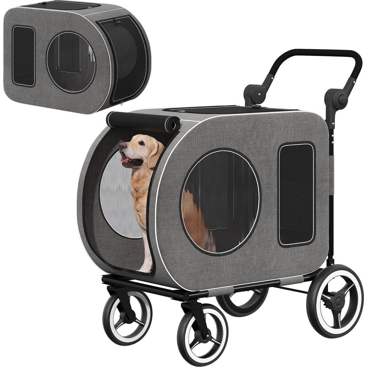Saudism 2025 Upgraded Foldable Jogger Wagon Dog Stroller with Detachable Carrier & Adjustable Handle, Medium, Gray