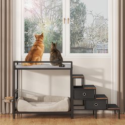 Saudism 360° & Adjustable Raised Feeder Elevated Platform Bunk Bed Dog Window Perch with Stair, Drawers & Cushion, Brown, Medium