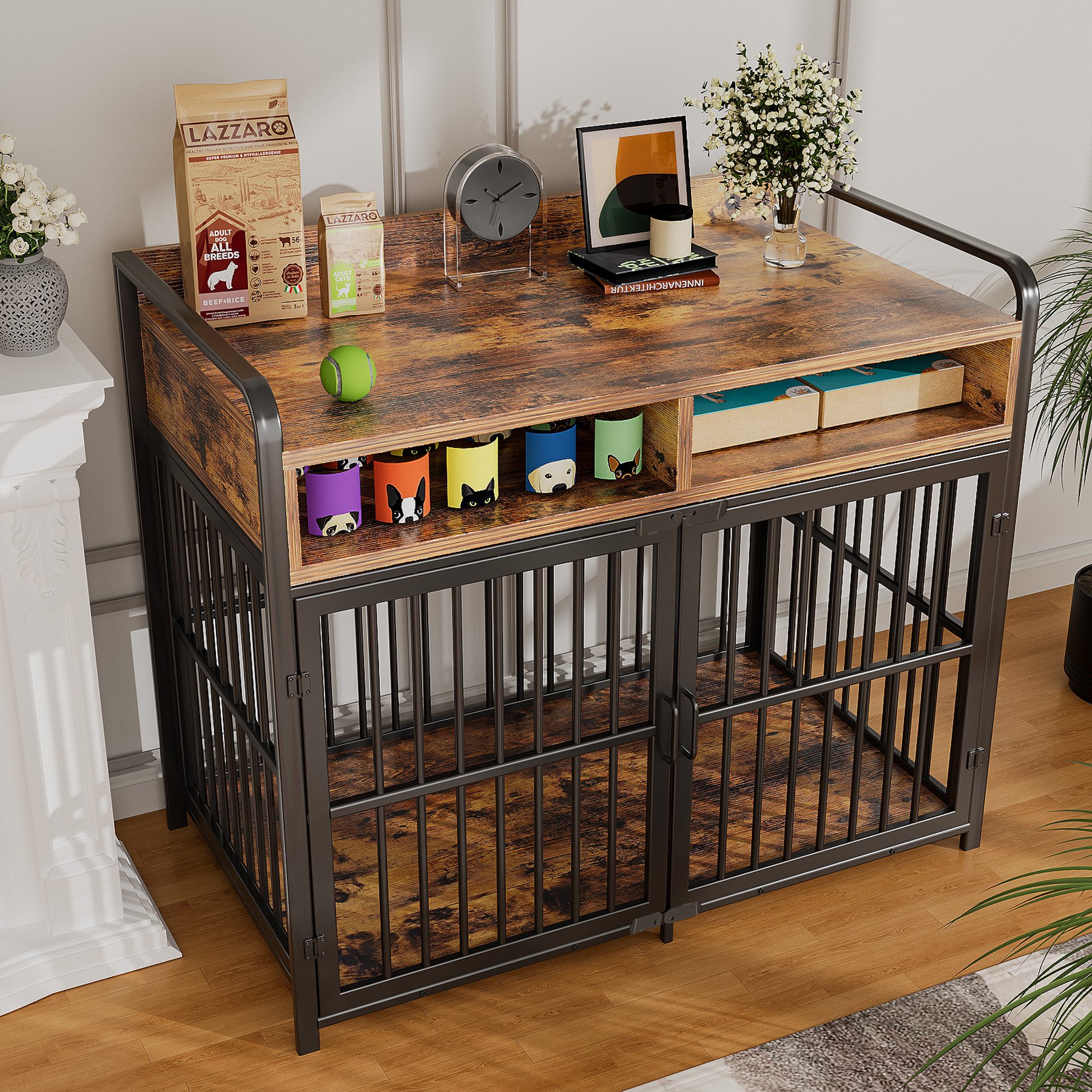 Saudism Indoor Heavy Duty Furniture Wood Cage Table Dog Crate with Drawers Storage, Brown, Large: 40.5 x 23.6 x 35.4-in