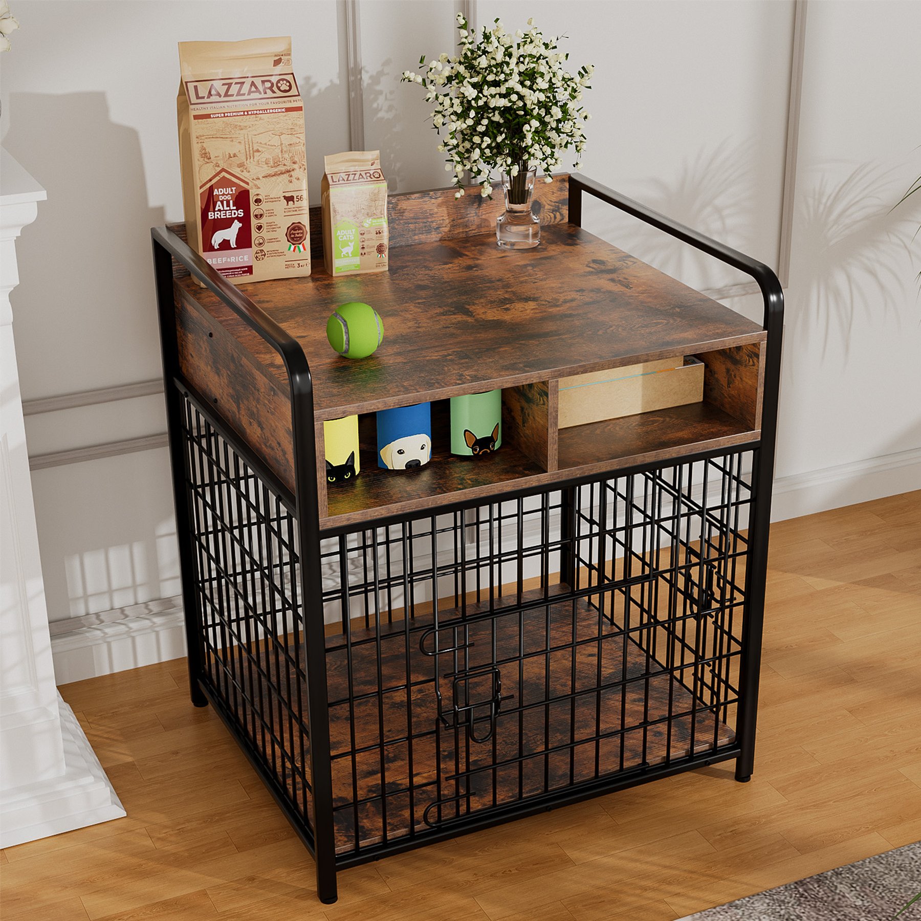 Saudism Indoor Heavy Duty Furniture Wood Cage Table Dog Crate with Drawers Storage, Brown, Small: 27.6 x 20.5 x 31.9-in