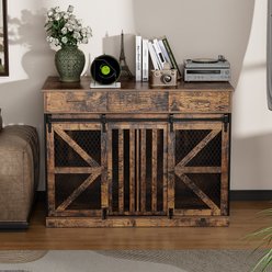 Saudism Furniture End Table Wooden Double Dog Crate with Divider, Storage Drawers, Sliding Barn Doors & TV Stand, Large: 48-in, Brown