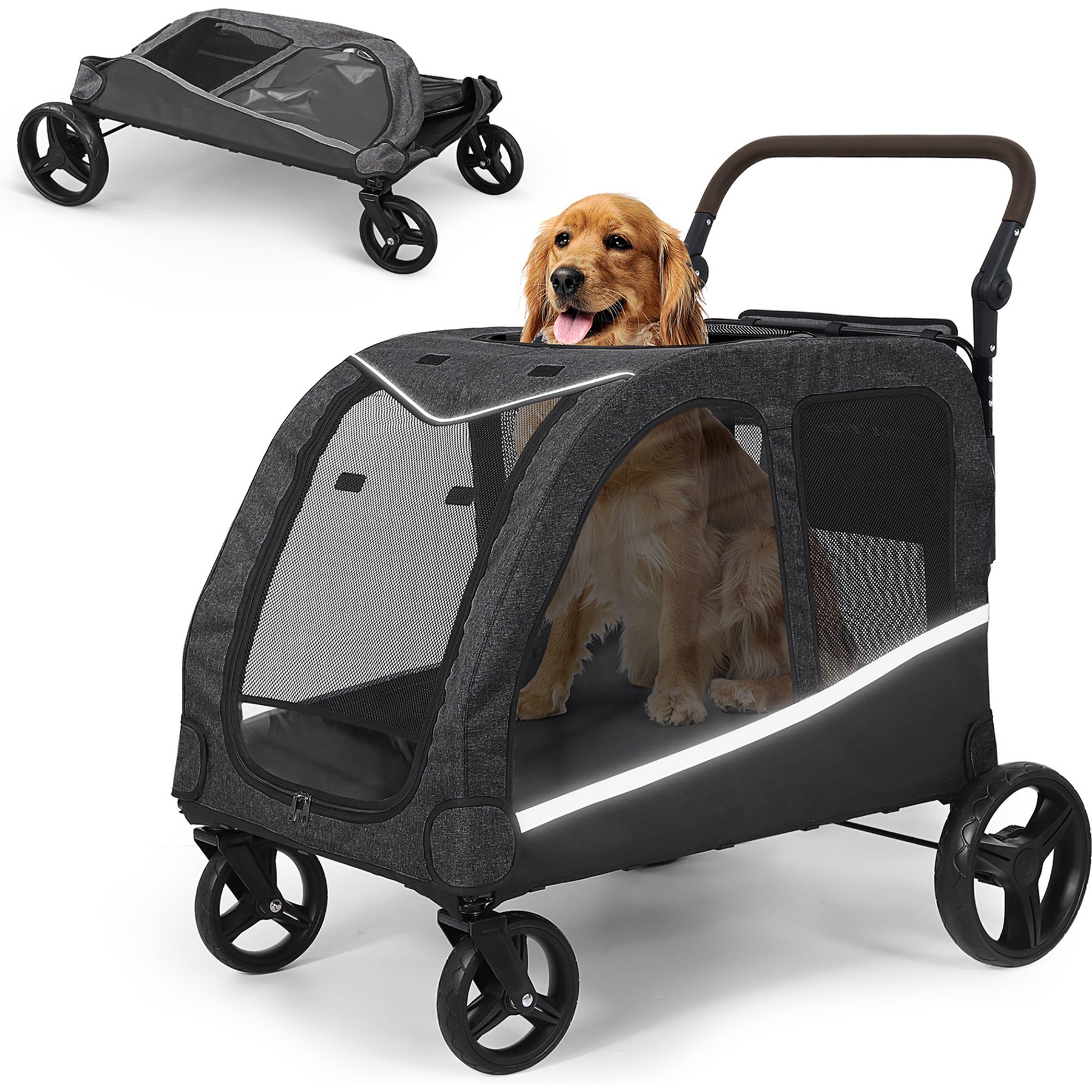 Saudism Foldable Design & Adjustable Handle Wagon Dog Stroller with Pocket, Large, Black