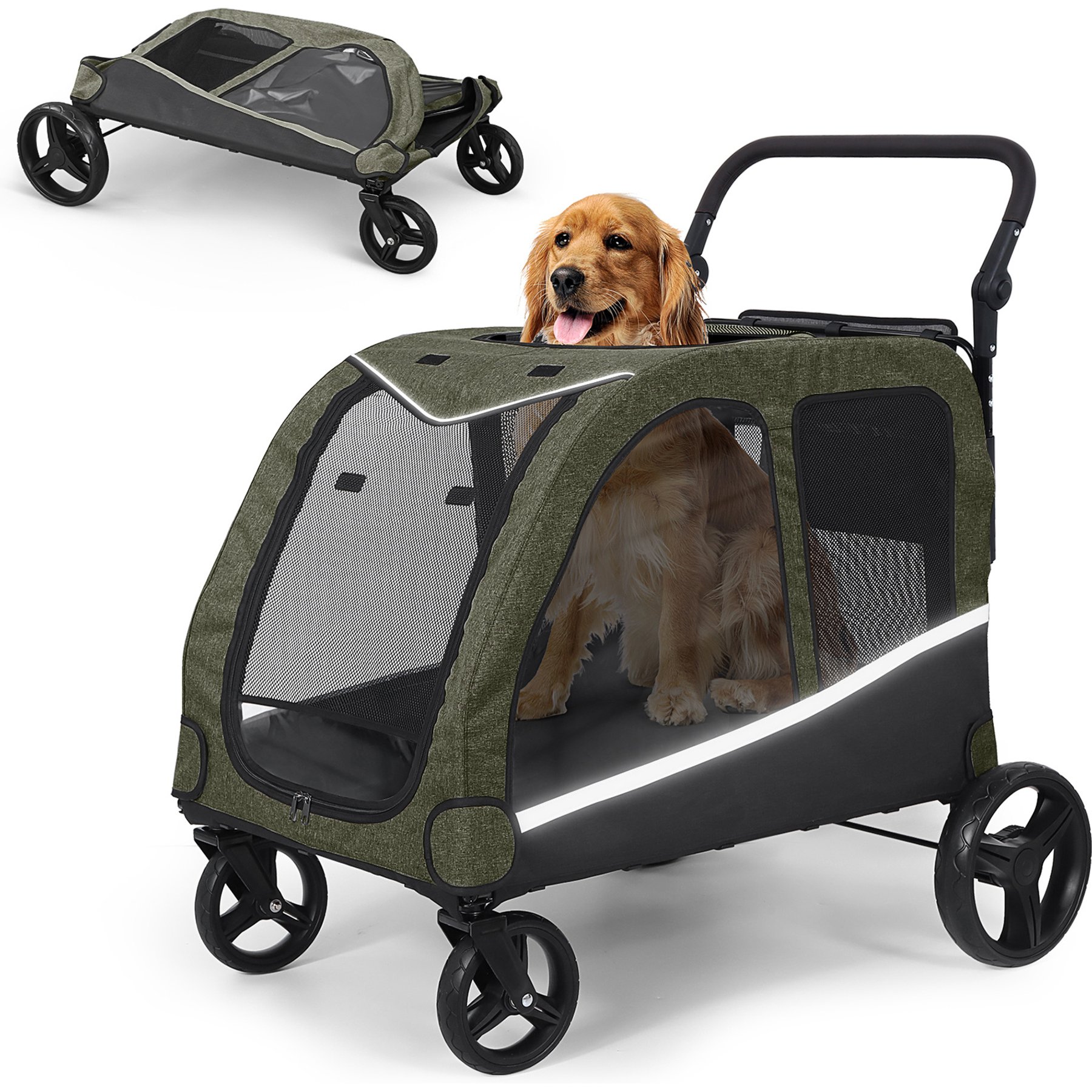 Saudism Foldable Design & Adjustable Handle Wagon Dog Stroller with Pocket, Large, Green