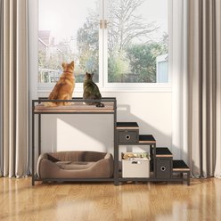 Saudism Bunk Dog & Cat Bed with Removable Stairs, 2 Drawers, Window Perch & Window Seat, Medium, Brown
