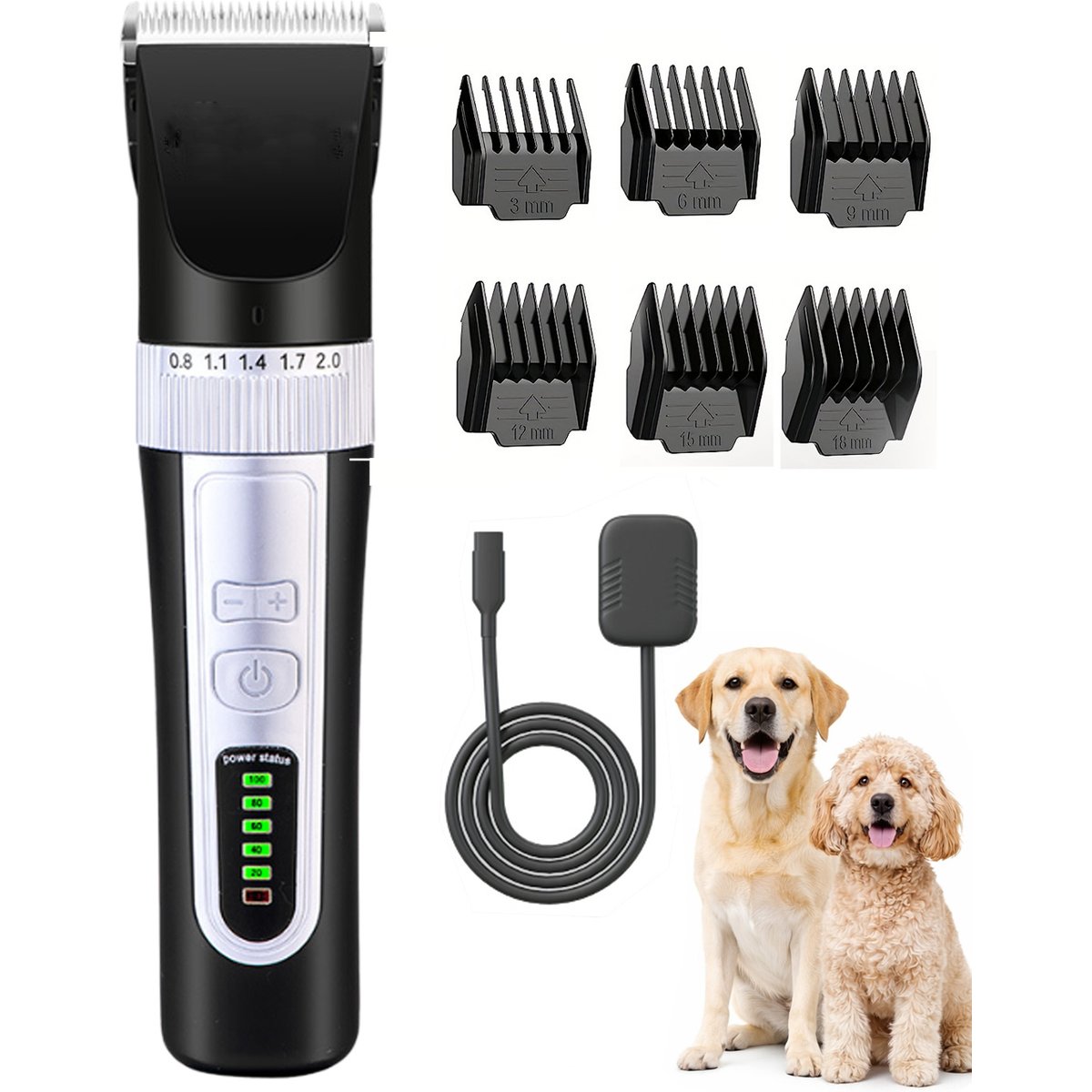 Fido Fave 35-Tooth Titanium-Ceramic Blade, 390W Motor, 1500mAh, LED Battery Display, 3 Speeds & 6 Guide Combs Dog Powerful Grooming Clipper, Black