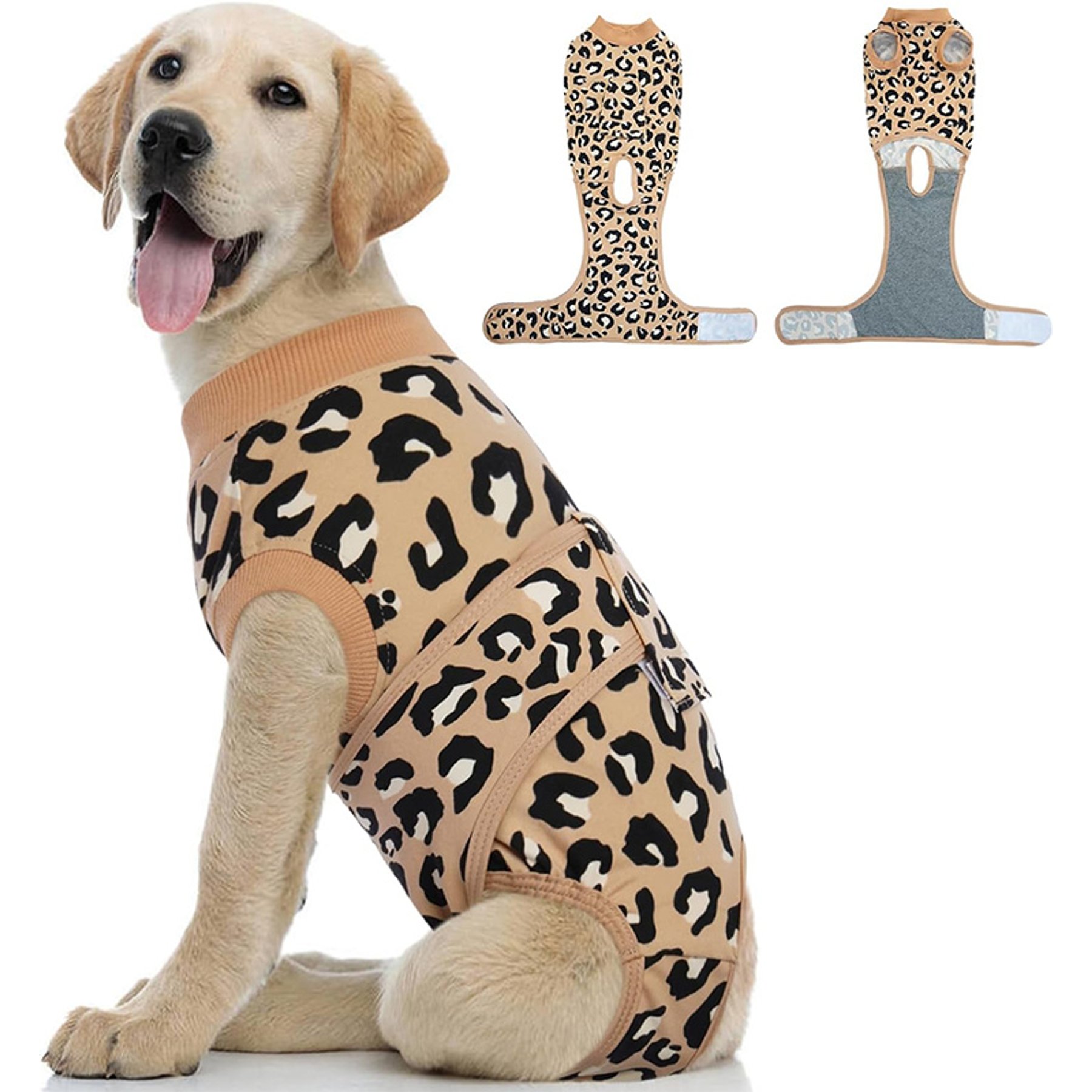 Kuoser Professional Surgical Leopard Dog Recovery Suit, Coffee, Medium