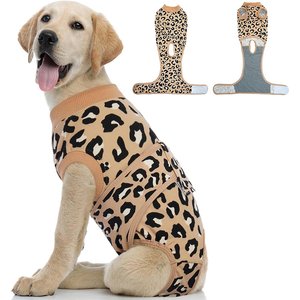 Kuoser Professional Surgical Leopard Dog Recovery Suit, Coffee, Medium