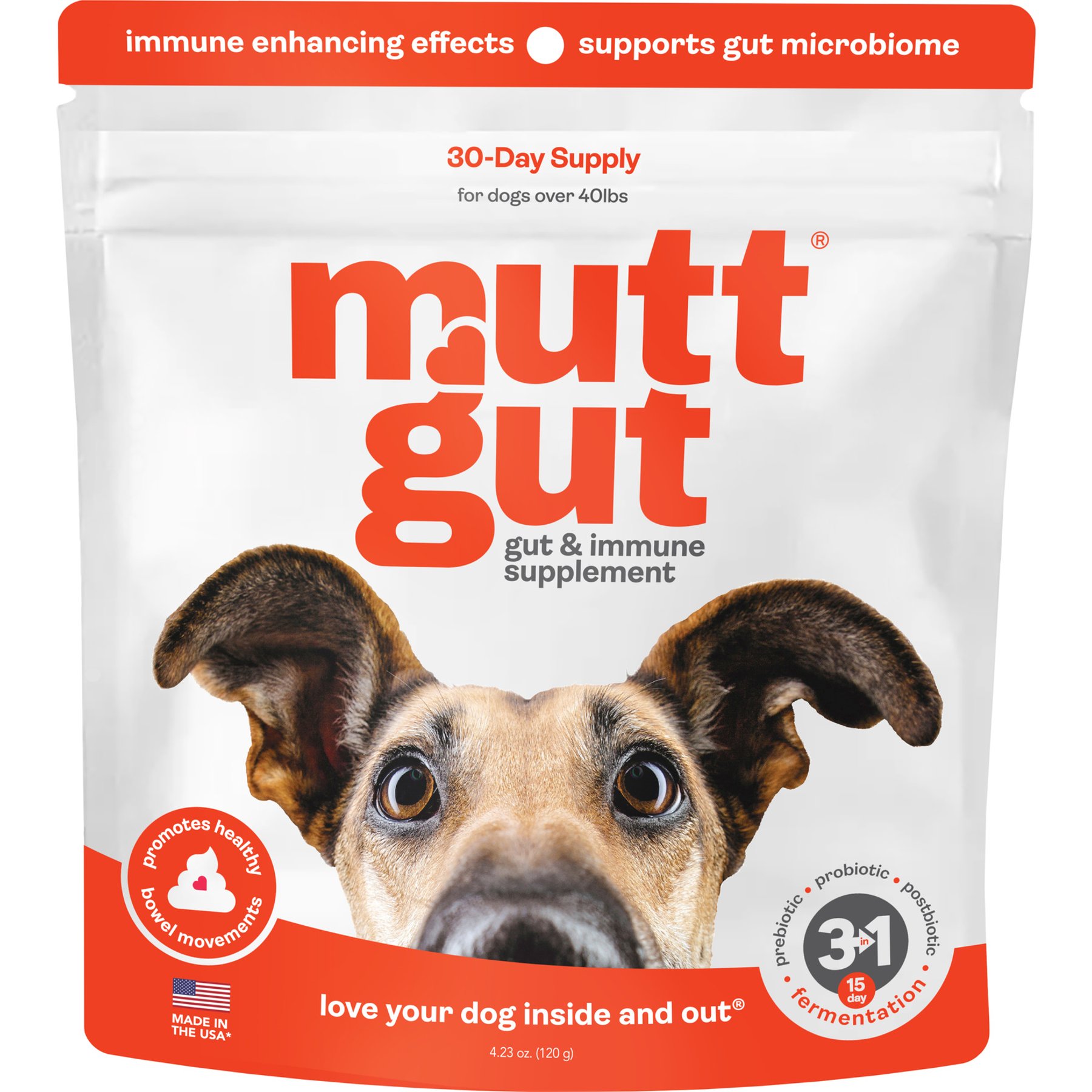 Mutt Gut Organic 3 in 1 Pre, Pro & Postbiotic Supplement Powder Probiotics for Dogs, 120-g bag