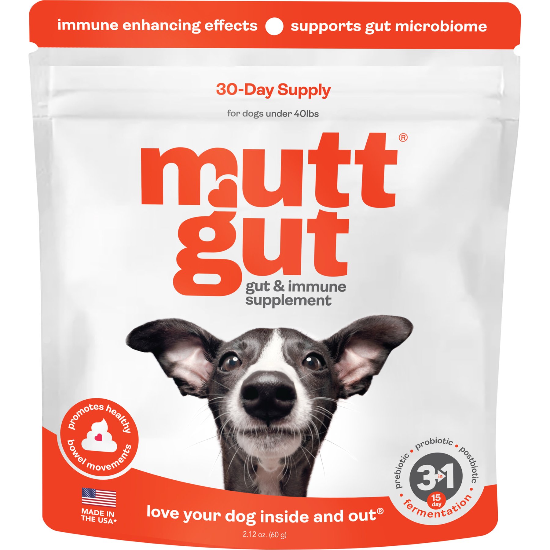 Mutt Gut Organic 3 in 1 Pre, Pro & Postbiotic Supplement Powder Probiotics for Dogs, 60-g bag