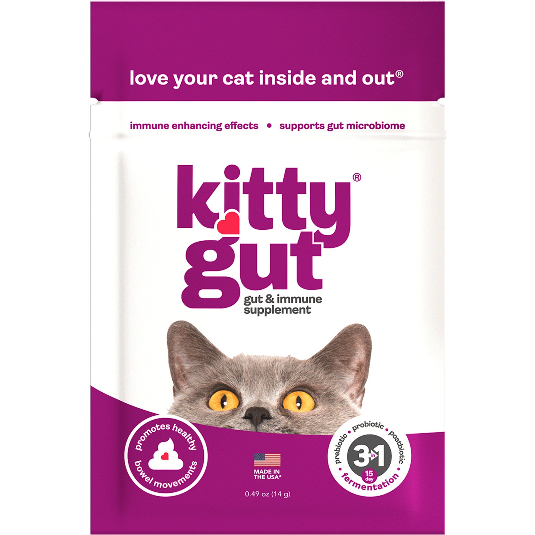 Kitty Gut Organic 3 in 1 Pre, Pro & Postbiotic Supplement Powder Probiotics for Cats, 14-g bag