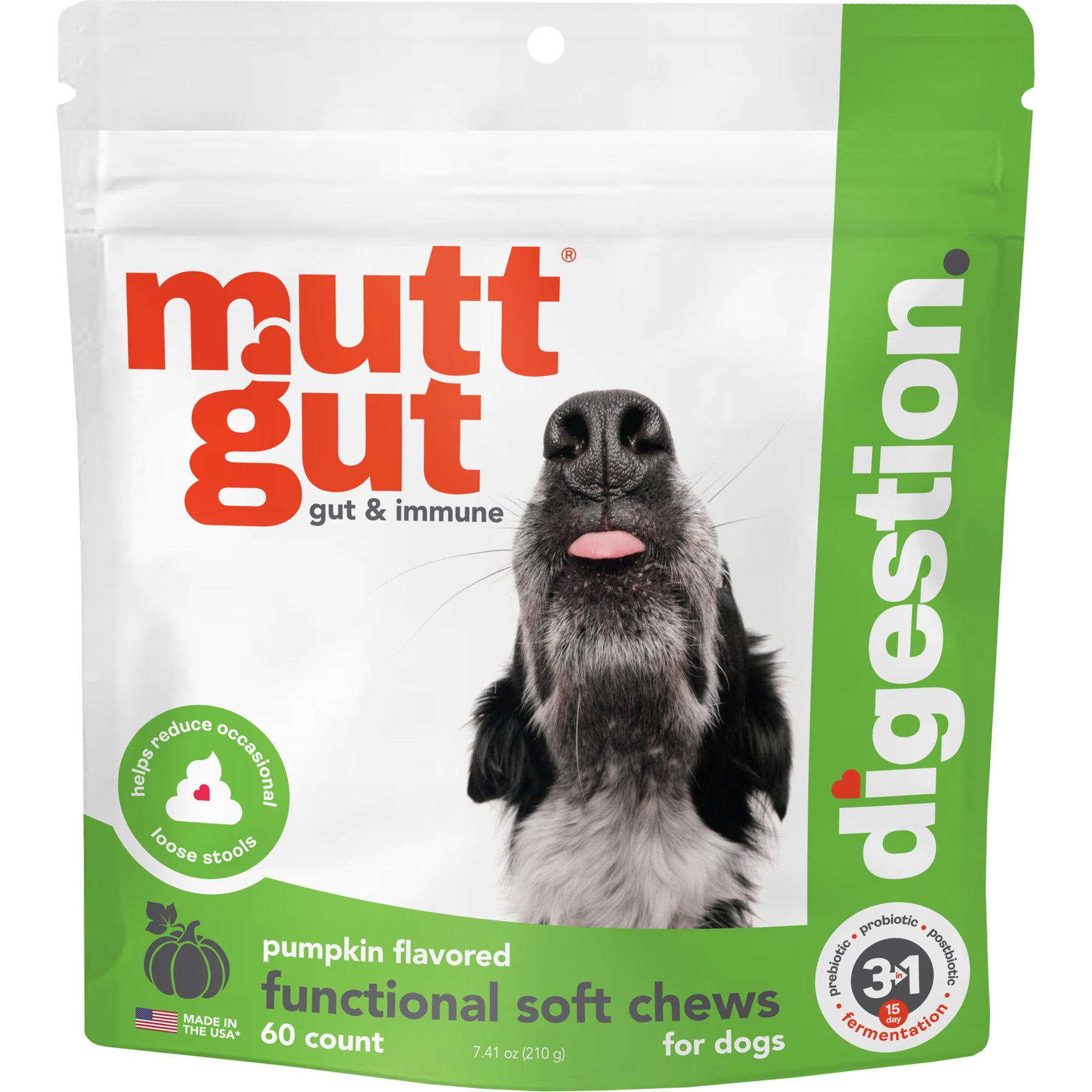 Mutt Gut Chews Digestive Pumpkin Flavored Supplement for Dogs, 60 count