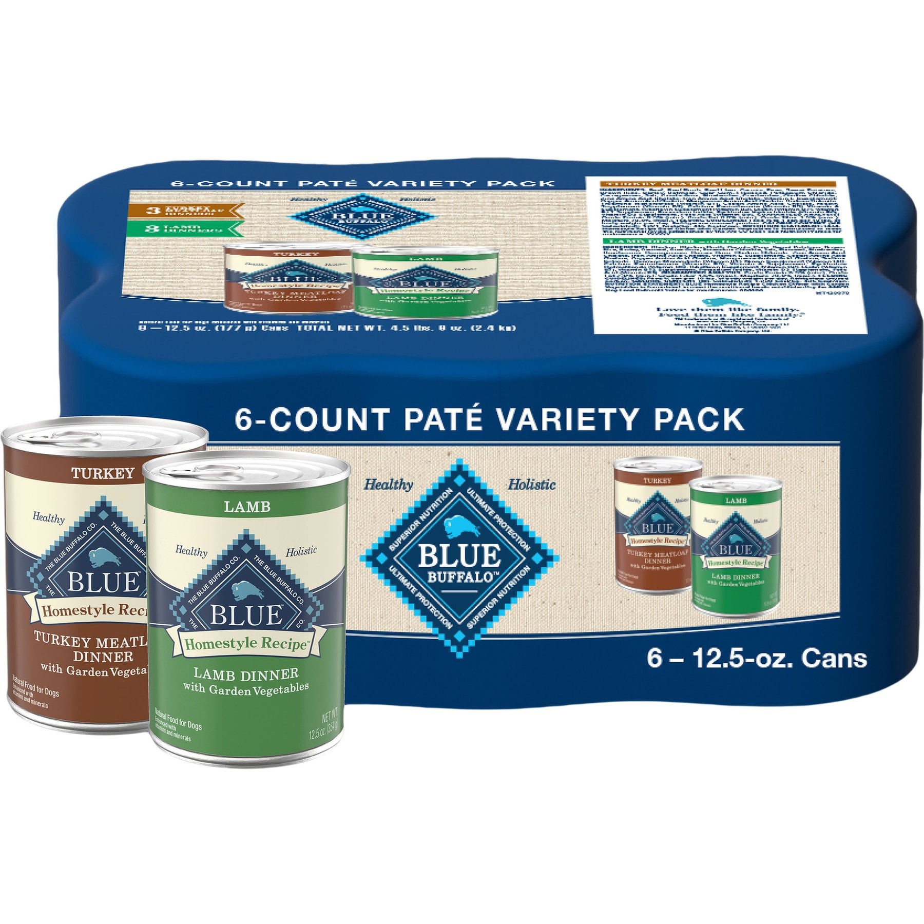 Blue Buffalo Homestyle Recipe Variety Pack Adult Lamb & Turkey Canned Dog Food, 12.5-oz, case of 6