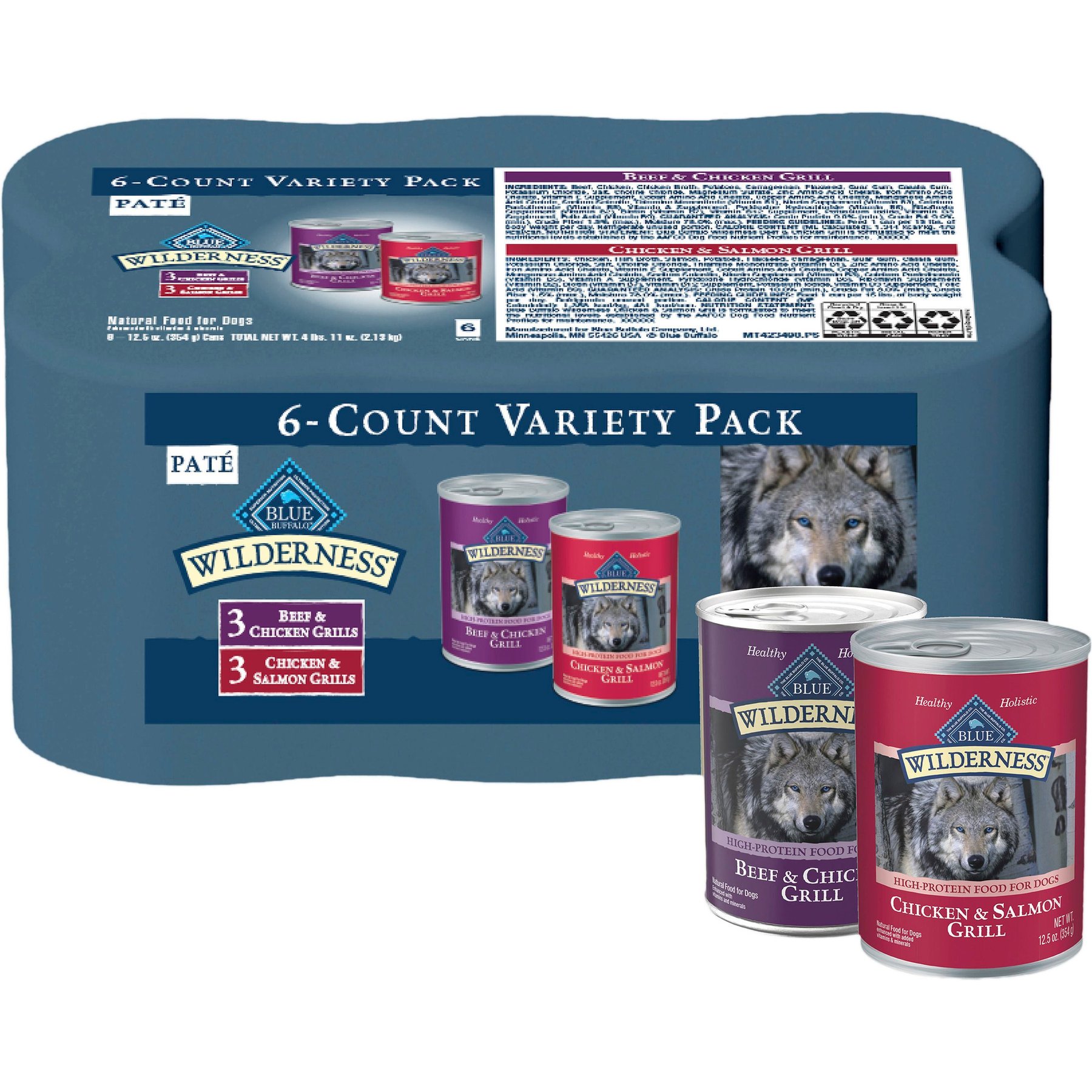 Blue Buffalo Wilderness Beef & Chicken + Chicken & Salmon Variety Pack Wet Dog Food, 12.5-oz can, bundle of 12