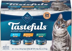 Blue Buffalo Tastefuls Chicken, Turkey & Chicken, Ocean Fish & Tuna Entrees Variety Pack Pate Wet Cat Food, 5.5-oz can, case of 24