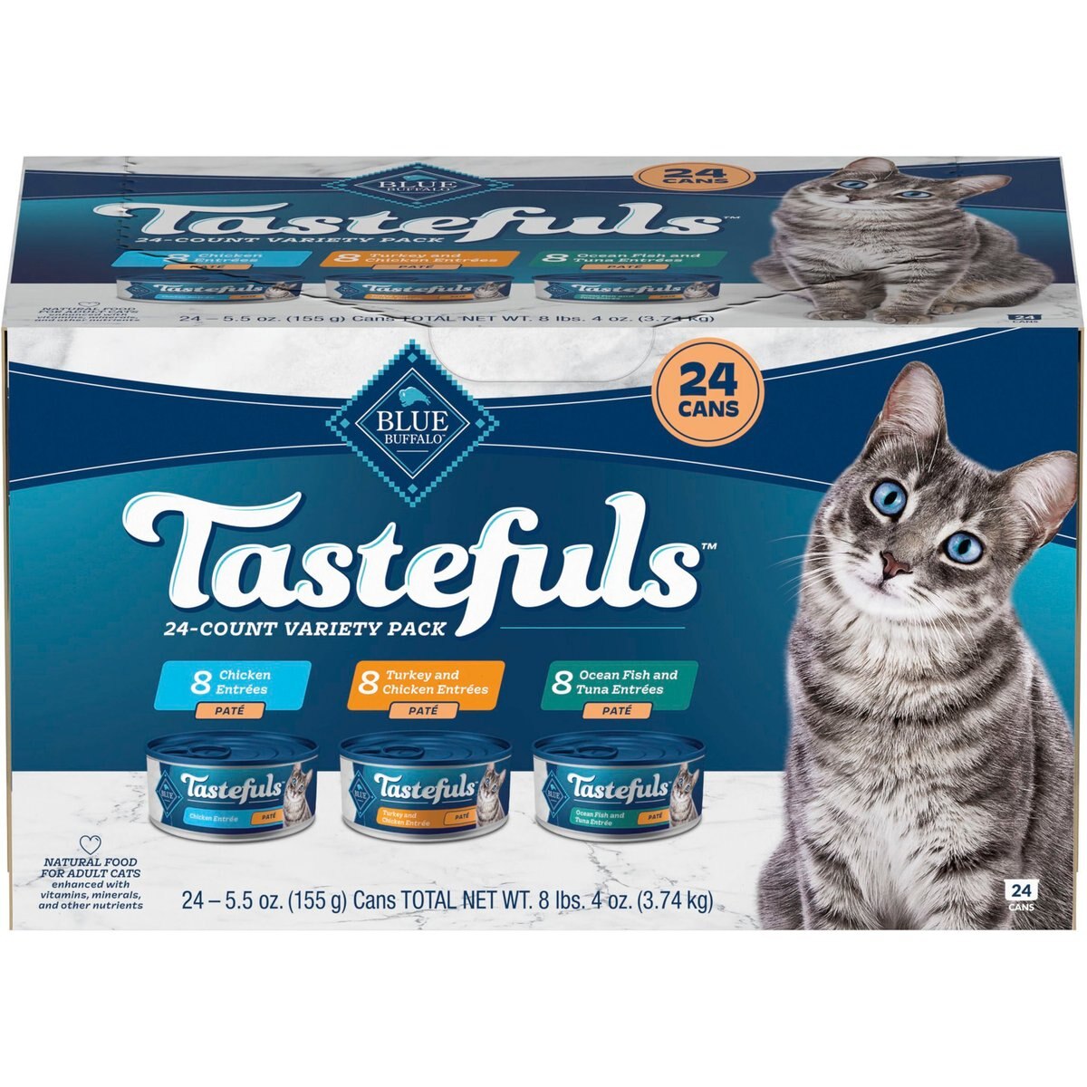 Blue Buffalo Tastefuls Chicken, Turkey & Chicken, Ocean Fish & Tuna Entrees Variety Pack Pate Wet Cat Food, 5.5-oz can, case of 24