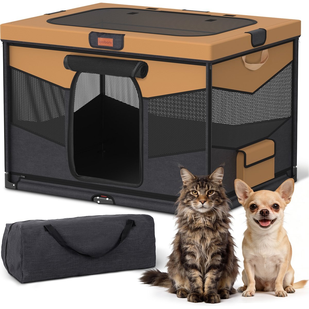 LOOBANI Foldable Fabric & Steel Dog & Cat Playpen, Black-Brown