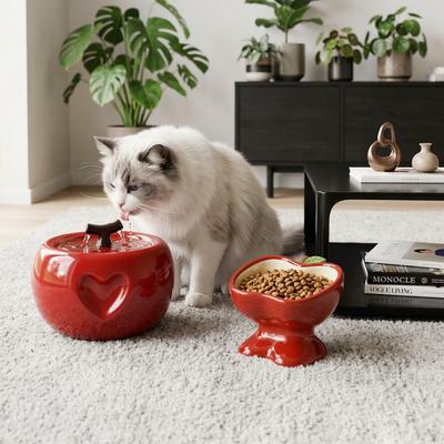 Show full view: Happy & Polly Sculpted Apple Non-Skid Ceramic Cat Water Fountain & Bowl Set, 50-oz, Red slide 2 of 9