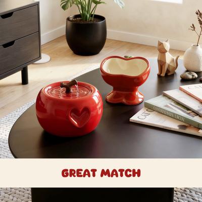 Show full view: Happy & Polly Sculpted Apple Non-Skid Ceramic Cat Water Fountain & Bowl Set, 50-oz, Red slide 6 of 9