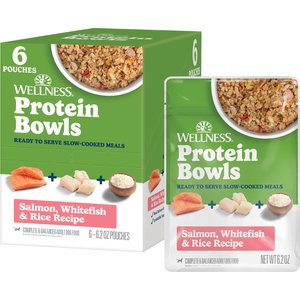Wellness Protein Bowls Adult Wholesome Grains Salmon, Whitefish & Rice Fresh Alternative Dog Food, 6.2-oz pouch, case of 6