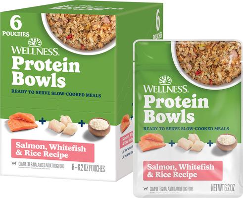 Wellness Protein Bowls Adult Wholesome Grains Salmon, Whitefish & Rice Fresh Alternative Dog Food, 6.2-oz pouch, case of 6