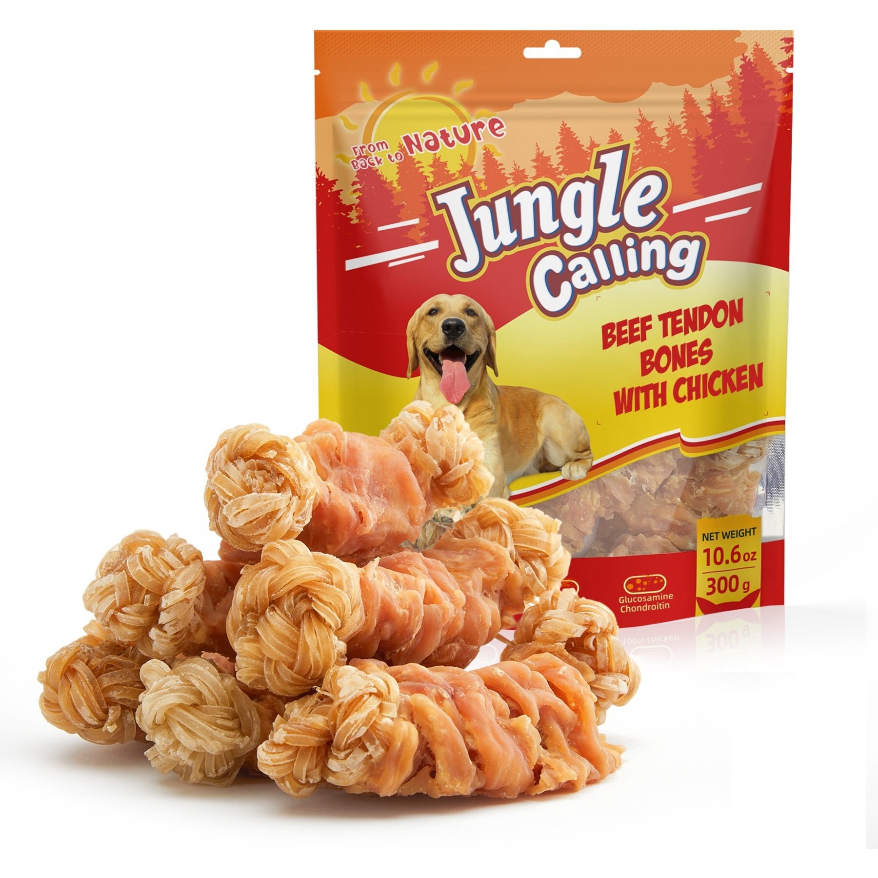 Jungle Calling Chicken Wrapped Knotted Beef Tendon Bones Dog Chew, 10.6-oz bag, 6 count
