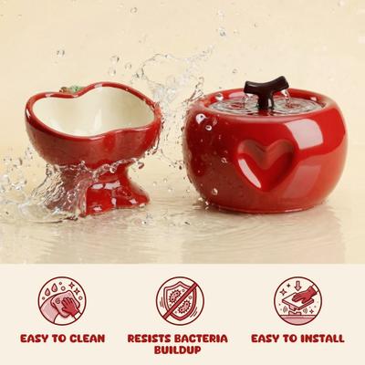 Show full view: Happy & Polly Sculpted Apple Non-Skid Ceramic Cat Water Fountain & Bowl Set, 50-oz, Red slide 7 of 9