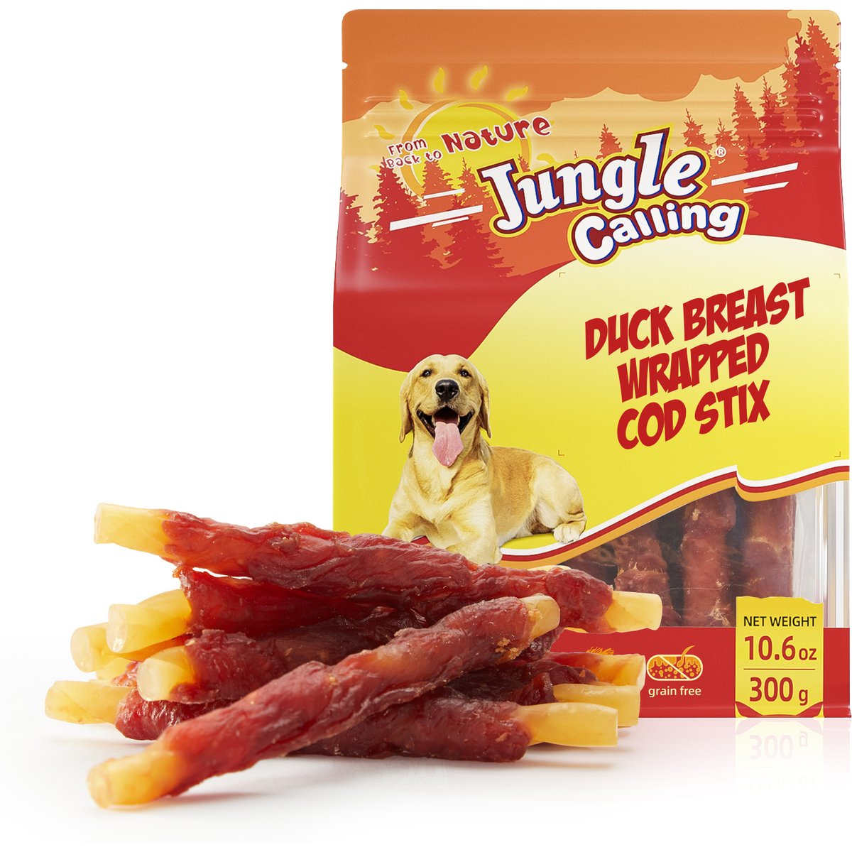Jungle Calling Rawhide-Free Duck Wrapped Cod Sticks Dog Treats, 10.6-oz bag