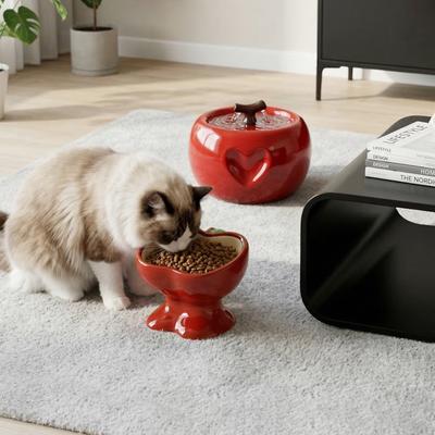 Show full view: Happy & Polly Sculpted Apple Non-Skid Ceramic Cat Water Fountain & Bowl Set, 50-oz, Red slide 3 of 9