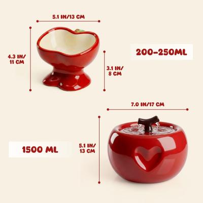 Show full view: Happy & Polly Sculpted Apple Non-Skid Ceramic Cat Water Fountain & Bowl Set, 50-oz, Red slide 9 of 9