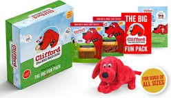 Clifford Fun Box Snuggle Buddy + Chicken Jerky & Mini Sausages Squeaky Plush Dog Toy, Red