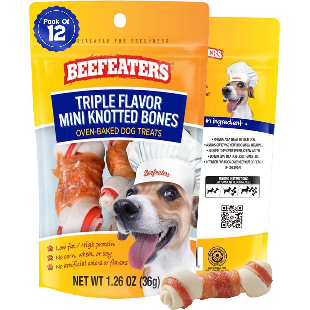 Beefeaters Triple Flavor Mini Knotted Bone Jerky Dog Treat, 1.26-oz, case of 12