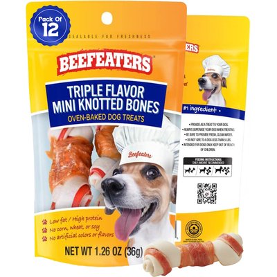 Beefeaters Beefeaters Triple Flavor Mini Knotted Bone Jerky Dog Treat, 1.26-oz, case of 12