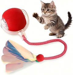 NonoPets Smart Interactive Self-Rolling Feather Glowing & Light-Up Chasers Ball Cat Toy, Red