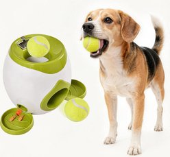 Shele Automatic Tennis Ball Launcher & Treat Dispenser Interactive Training Dog Toy, White & Green
