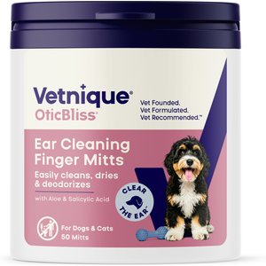 Vetnique Labs OticBliss Finger Mitt Cleaning & Drying Ear Dog & Cat Ear Wipes, 50 count