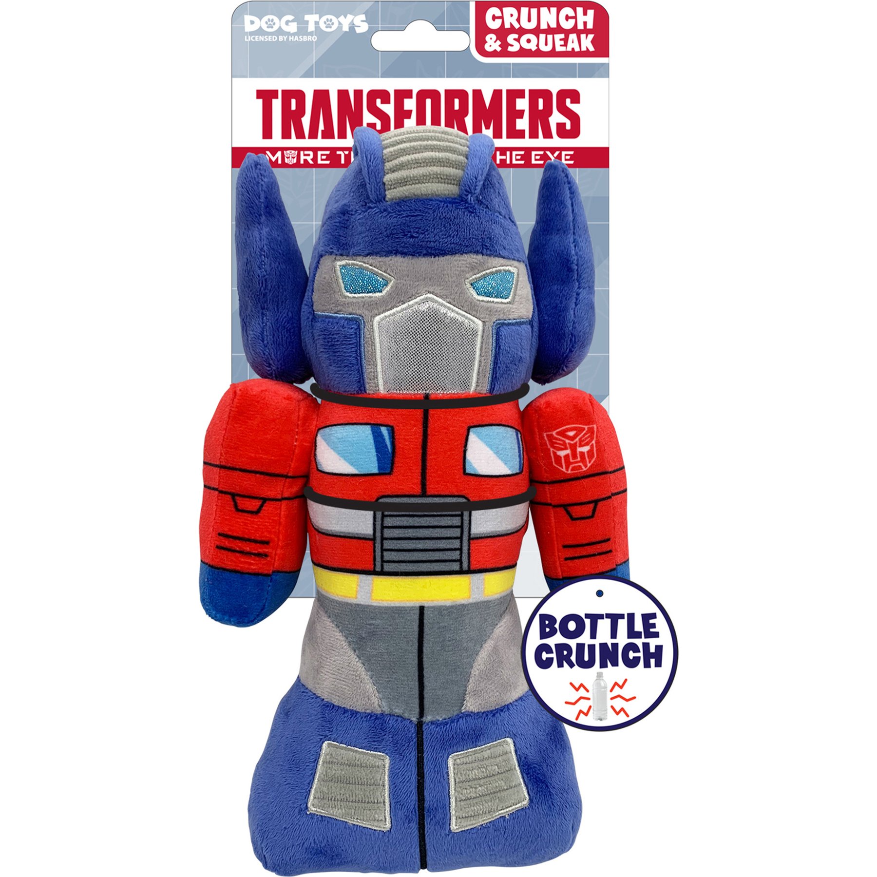 Hasbro Crunch Water Bottle Optimus Prime Crinkle Plush Dog Toy, Blue/Red/Gray, 11-in